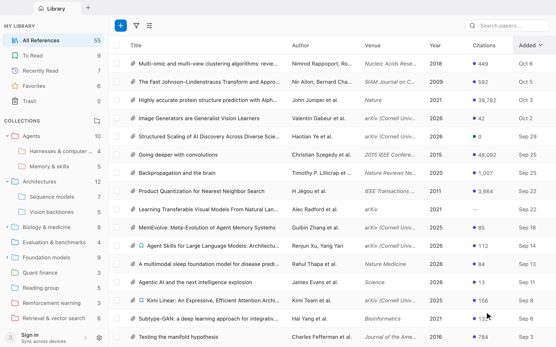 The SciReader library: a list of papers with title, author, venue, year, and citation count.